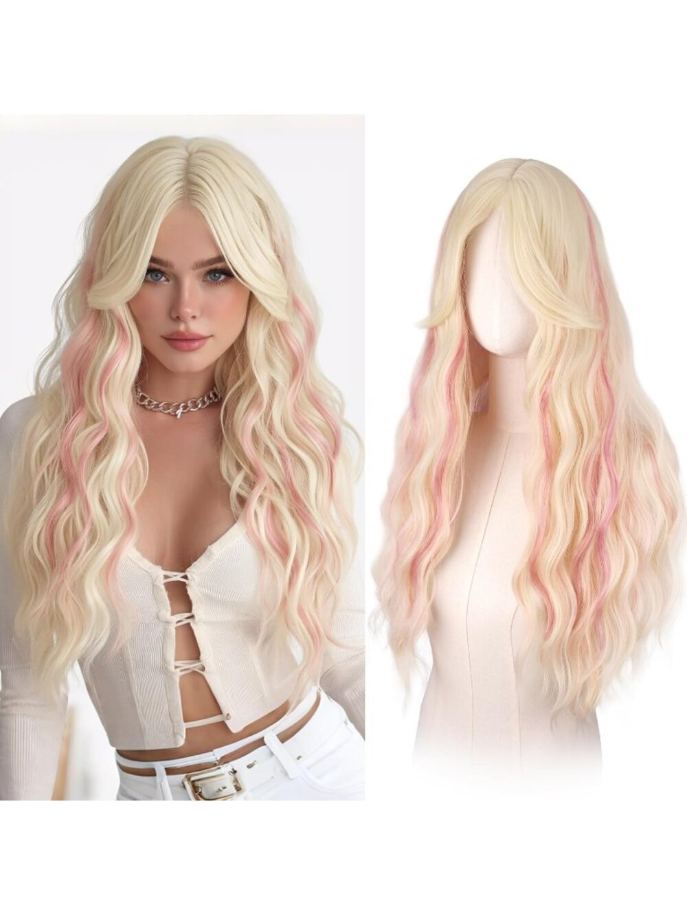 Women's Blonde Mixed Pink 26 Inch Heat Resistant Curtain Bangs Long Wavy Wigs